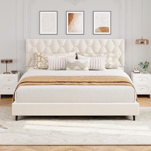 GarveeHome Beige King Bed Fram...o Box Spring Needed/Noise Free