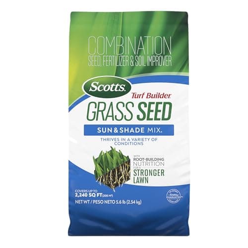 Scotts Turf Builder Grass Seed Sun and Shade Mix - Grass Seed Plus Lawn Fertilizer and Soil Improver, Covers Up To 2,240 sq. ft., 5.6 lb.