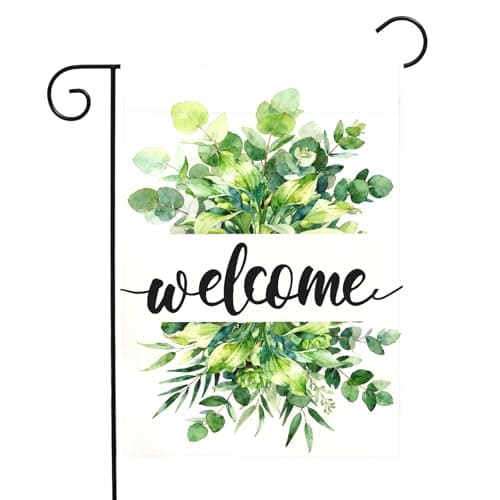 Dacawin Welcome Spring Garden Flag Summer Greenery Watercolor Eucalyptus Leaves House Banner Seasonal Rustic Farmhouse Hosta Planta Yard Flags for Outside Porch Patio Lawn Home Decor 12 x 18 Inch
