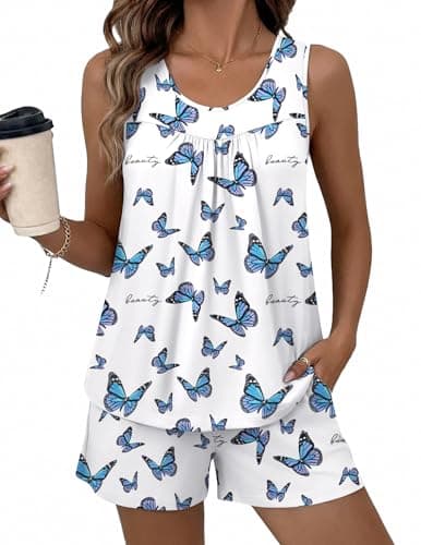 Ekouaer 2 Piece Women's Sleeveless Pajama Sets Summer Lounge Sleepwear Ladies Pjs Sets with Pockets Butterfly Beauty