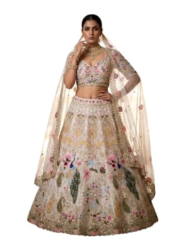 Ready to Wear Indian Outfit Lehenga Choli, Dupatta with Stitched Blouse for Women (Off White, 32)
