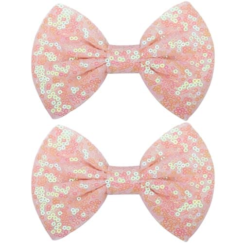 KISZU Large 5 Inch Glitter Hair Bows Clips, Sparkling Sequin Big Bow HairPins for Baby Girls Children Teens and Women (Pink2)
