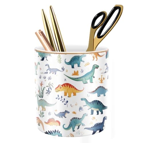 WAVEYU Pen Holder, Pencil Cup for Desk, Cute Makeup Brush Holder, Durable Ceramic Organizer Decor for Room, Office, Classroom, Cute Dinosaur Pattern