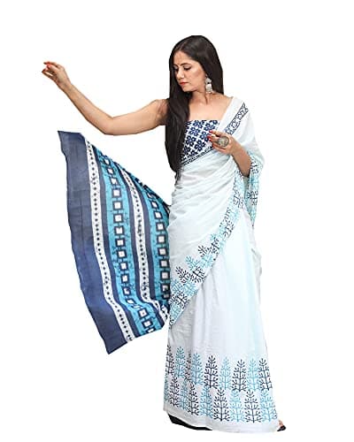 Shivanya Handicrafts Indian Jaipuri Bagru Ajrak Hand Block Printed Designer Ethnic Woven Party Wear Bollywood Style Cotton Mulmul Saree for Women With Blouse Piece_SH-0671