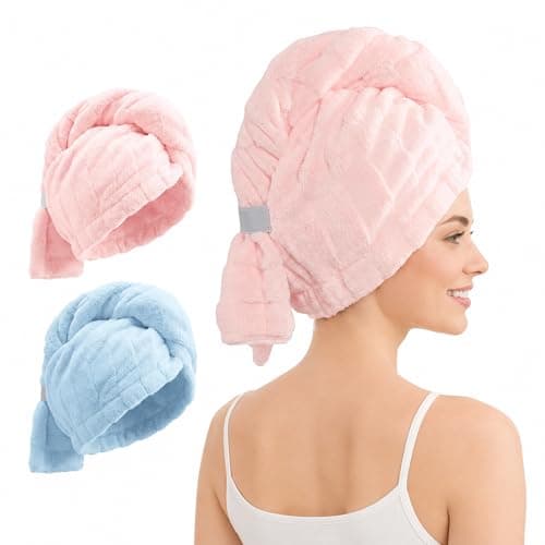 REDKISS 2 Pack Microfiber Hair Towel Wrap for Women, Super Absorbent Quick Dry Hair Turban for Thick Long Curly Hair, Large Stay-Put Anti-Frizz Hair Drying Towels, Pink Blue Gray