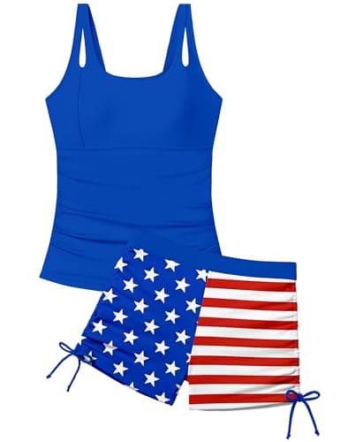 Aulyffo Girls American Flag Swimsuit 4th of July Bathing Suit Girl Size 14-16 Tropical Print Swimsuits for Teen Girls Contrast Trim Swim Tank Top with Boy Shorts