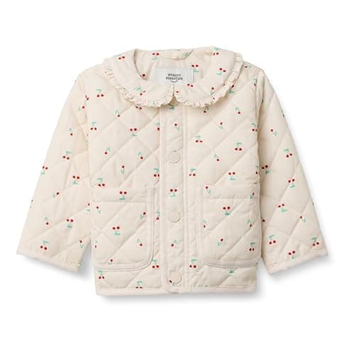 Amazon Essentials x Sofia Grainge Baby Girls' Midweight Quilted Field Jacket with Ruffle, Ivory Cherries, 12 Months