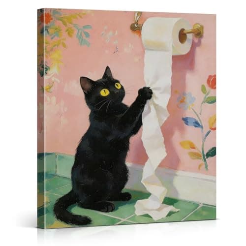XIPLUM Funny Cat Toilet Canvas Wall Art Black Cat Toilet Paper Poster Painting Wall Decor Whimsical Bathroom Print Picture for Home Bathroom Restroom Decorations, 8x10 Inch
