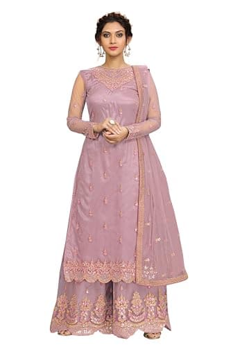 TRENDMALLS Women's Net Embroidery Salwar Suit Set Kurta Sharara with Dupatta (G76-Peach-L)