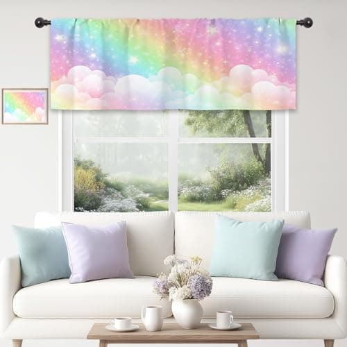 Cinbloo Colorful Rainbow Valance for Windows Kitchen Curtains 52Wx18H Inch Rod Pocket Kids Cute Girl Pastel Sky Cloud Star Art Printed Baby Nursery Living Room Bedroom Window Drapes Treatment 1 Panels