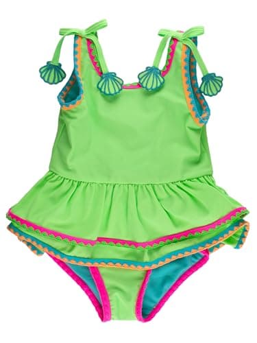 RuffleButts Girls UPF50+ Crochet Detail Peplum One Piece Swimsuit - Neon Honeydew, 8