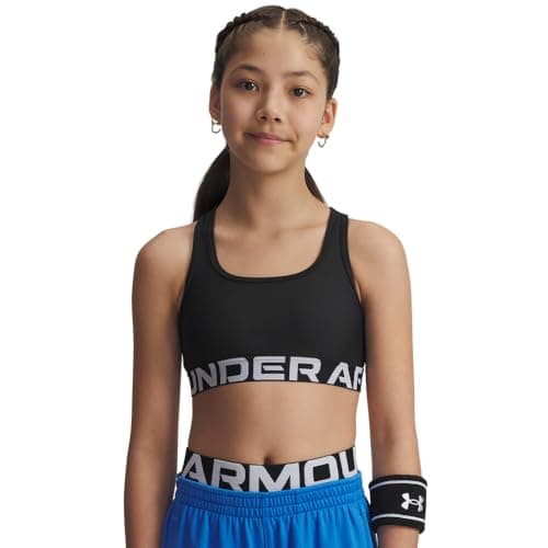 Under Armour Girls Crossback Mid-Impact Sports Bra, (002) Black / / White, Medium