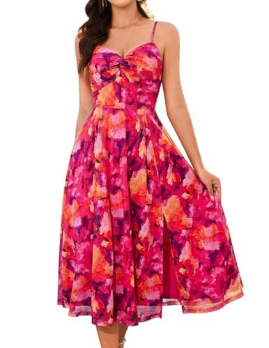 HomRain Women's Summer Maxi Dresses Floral Mesh Spaghetti Strap Split Formal Wedding Guest Cocktail Party Beach Long Dress Red Orange Floral L