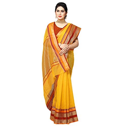 Sidhidata Women's Temple Border Kota Doria Cotton Manipuri Saree With Unstiched Blouse Piece (Kangana Yellow_Yellow_Free Size)