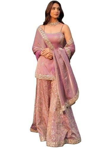 ONPEAK Designer Embroidered Peplum Sharara Suit Set with Dupatta Traditional Wedding Festive Wear (US, Alpha, Large, Regular, Regular, Lavender)