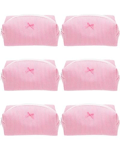 PAZIMIIK 6PCS Cozy Makeup Bag Small Aesthetic Travel Zipper Cosmetic Pouch for Women Make Up Beauty Accessories Brushes, Stripe Hotpink