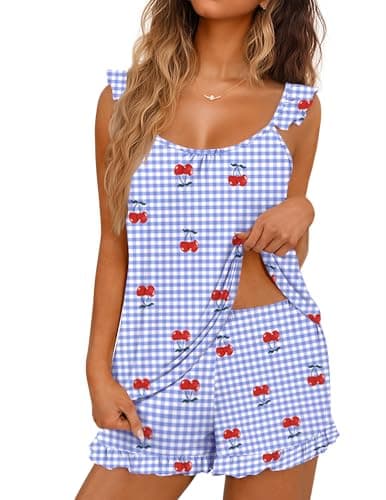 Ekouaer Pajama for Women Set 2 Piece Lightweight Summer Pajamas Soft Sexy Sleepwear Ruffle Cami and Shorts Bridal Pj