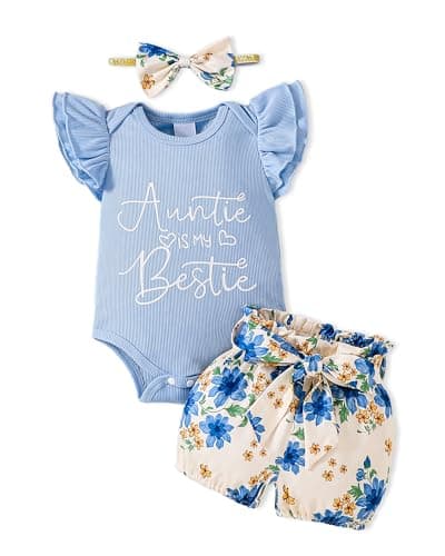3-6 Months Girl Clothes Baby Girl Clothes Infant Girl Outfit Summer Romper Outfits Set Ruffle Sleeves Top Cute Floral Shorts Bottom Headband 3PCS