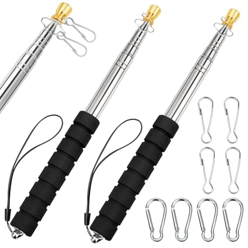 2 Pack Portable Telescopic Handheld Flag Pole for Carrying, 6.56Ft/2M Stainless Steel Telescoping Hand Held Flag Pole to Carry, Extendable Tour Guide Flag Pole, Flagpoles with 8 Pcs Clips for 3x5 flag