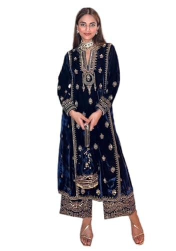Indya Blue Embroidered Velvet Pakistani Suit Set for Reception | Long Sleeve | V-Neck | Salwar Kameez | Kurta Set