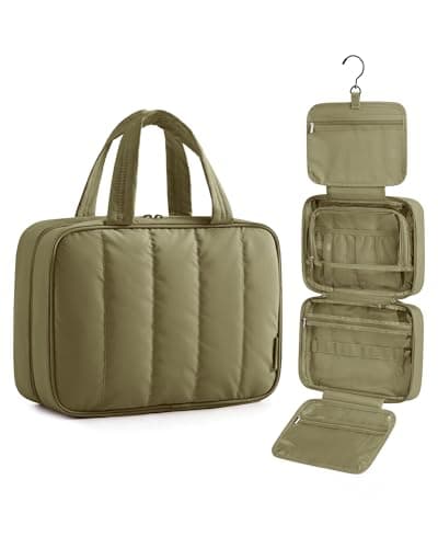 BAGSMART Travel Toiletry Bag for women, Portable Hanging Hook Makeup Bag Organizer, Waterproof Makeup Cosmetic Bag, for Full-Size Accessories, Toiletries,Olive green