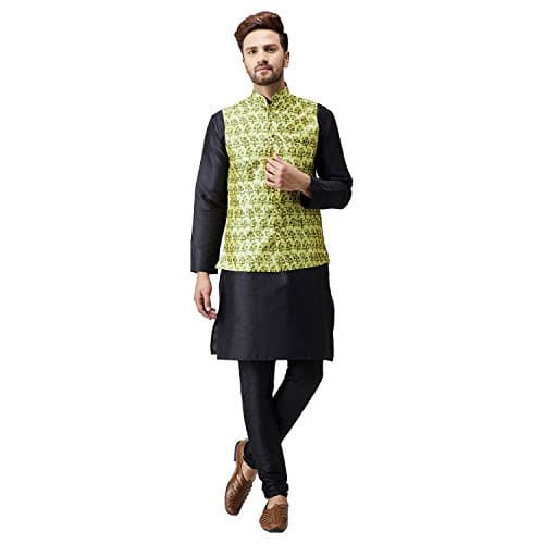 Sojanya (Since 1958 Men'S Silk Black Kurta Pyjama & Lime Green Printed Nehru Jacket Set, Size 42