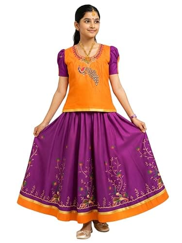kaatru Thana Girls Pavadai Set D101 - Lehenga Choli - Orange & Violet (9-10 Years)