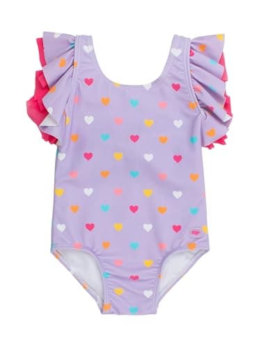 RuffleButts Baby/Toddler Girls UPF50+ Sun Protected Butterfly One Piece Swimsuit - Lavender Colorful Hearts, 5