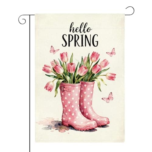 Hello Spring Summer Easter Tulip Garden Flag Double Sided Boots Tulips Colorful Floral Small Burlap Yard House Seasonal Farmhouse Outside Outdoor Decoration 12.5 x 18 Inch
