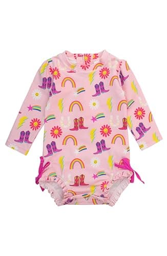 RuffleButts Baby Girls UPF 50+ Sun Protection Novelty Print Long Sleeve One Piece Rash Guard Swimsuit with Zipper - Cowgirl Cutie, 6-12m