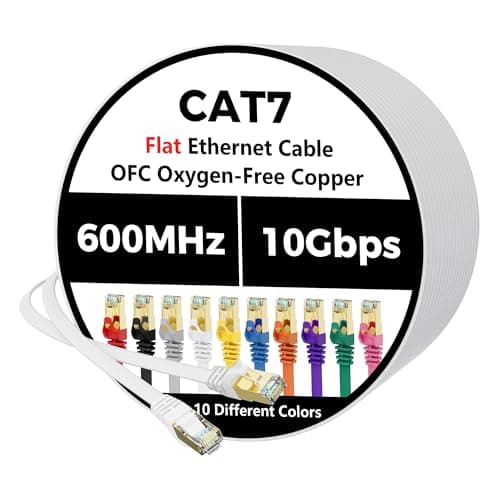 Cat 7 Ethernet Cable 30FT, Flat 10Gbps High Speed Internet Cord, STP Shielded, Pure Copper, Flexible CAT7 RJ45 LAN Network Cable, Compatible with PC, Laptop, PS5, Xbox Modem, Router, PoE, White Cable