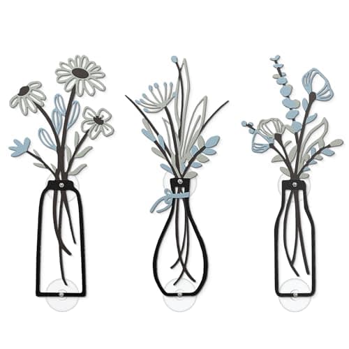 ZHIWUJIA 3 Pieces Metal Flower Wall Decor - Boho Floral Metal Wall Art Hanging Sculpture with Self-Adhesive Stickers for Bedroom Bathroom Living Room Dining Room, Rustic Farmhouse Home Decor, Perfect Housewarming Gift, Grey