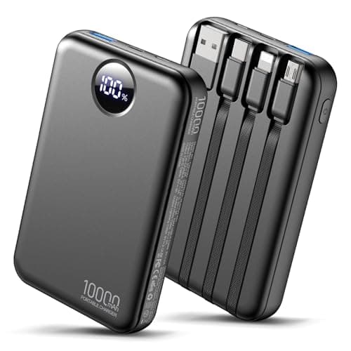 Zmmyuluo Portable Charger with 4 Built-in Cables Power Bank 40% Smaller 10000mAh Fast Charging Battery Pack,LED Display Compact with Multiple USB Ports Travel Charger for iPhone Other Devices-Black