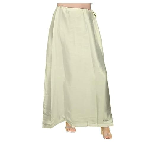 EDZZEL Women's Satin Silk Full Petticoat Saree Underskirt Inskirt Adjustable Drawstring Waist Solid Color (Cream)