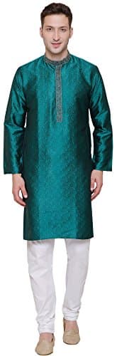 Poly Silk Men's Kurta Pajama India Clothing Wedding Party Wear (Green, M)