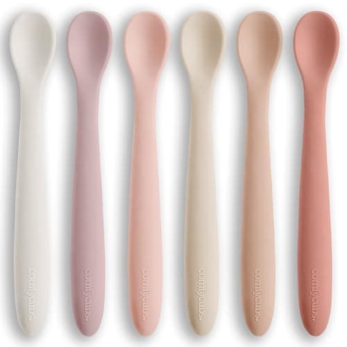 Comfy Cubs Silicone Baby Spoons Set 6-Pack, Blush 6.46 x 0.95 in – BPA Free, Soft Gum-Safe Toddler Eating Essentials – Lightweight & Flexible Baby Spoons, Dishwasher Safe, Fun Utensils for Babies