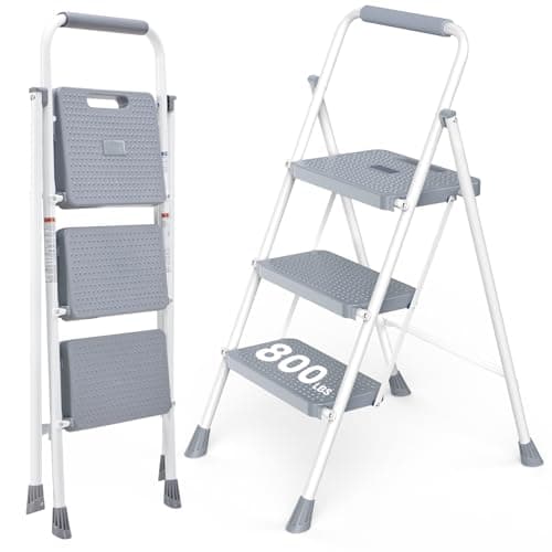 KMFurnila Step Ladder 3 Step, ...er Step Stool for Adults, Grey