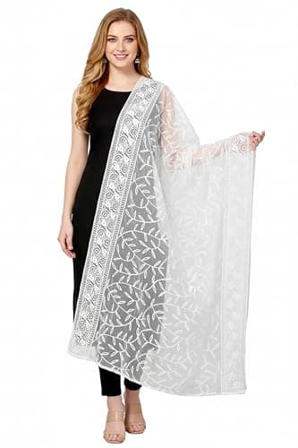 Chandrakala Net Dupatta for Women,Elegant Sheer Floral Wrap for Ethnic Wear, Wedding, Party & Festive Styling,White (D282WHI)