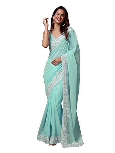 TRENDMALLS Women's Georgette Embroidery work Saree with Unstitch Blouse Piece (K1082-Turquoise)