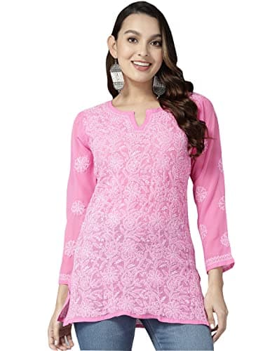 Ada Indian Hand Embroidered Chikankari Women's Georgette Pink Top Tunic Shirt Kurti A911273 (4X-Large)