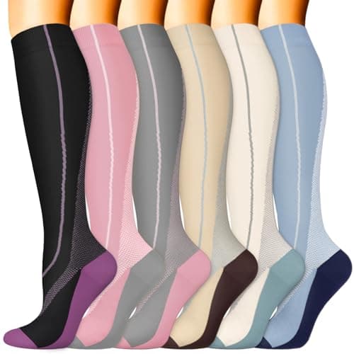 Sooverki Compression Socks for Women & Men 6 Pairs is Best Supportive Knee High Stockings for Running Athletic Work Black Pink Gray Blue Yellow White Colorful Gifts Ideas Mujer Woman