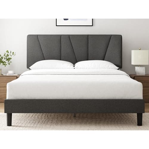 $110.18: Zinus Queen Maya Upholstered Bed Frame with Asymmetric Headboard, Dark Grey