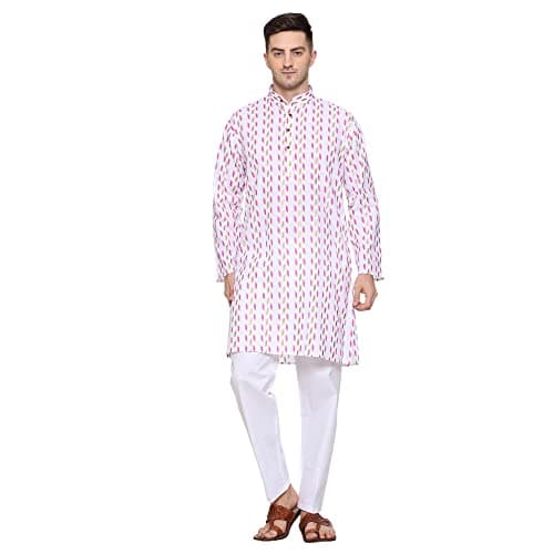 ITOS365 Men Cotton Printed Kurta Pyjama Pajama Set Party Fashion Regular Ethinic Wear Indian Dress Gift for Men White Pink Gifts Items Large
