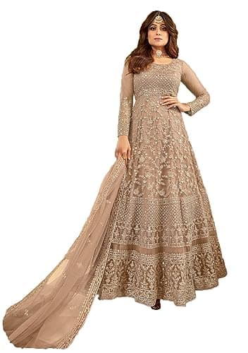 STELLACOUTURE women's indian traditional full length heavy embroidered ethnic salwar suit with dupatta (2318-O) (Brown, LARGE)