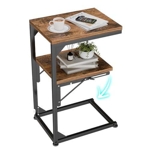 Simple Trending C Shaped End Table for Couch, Foldable Table with 2 Shelf Storage, TV Tray Table for Sofa Bedside, Rustic Brown