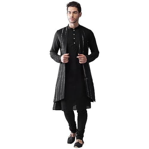 KISAH Men's Kurta, Front Open Jacket & Pajama Set-Indian Ethnic Kurta Waistcoat Pyjama Set for Weddings & Festive Occasions, Peanut-42
