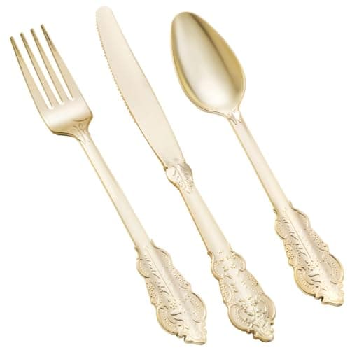 Goodluck 75 Pack Gold Plastic Silverware Set – Heavy Duty Disposable Cutlery, Includes 25 Forks, 25 Spoons, 25 Knives, Elegant Vintage Design for Weddings, Parties, Thanksgiving, and Daily Use