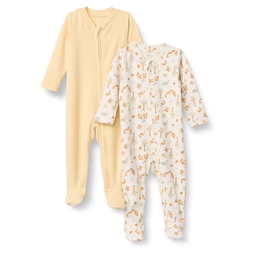 Amazon Essentials x Sofia Grainge Unisex Babies' Cotton Footed Sleep and Play One-piece Bodysuit, Pack of 2, Pale Yellow/Squirrel Picnic, 0-3 Months