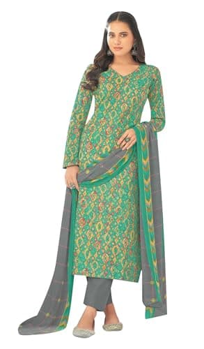 ladyline Women's Casual Cotton Printed Salwar Kameez with Chiffon Dupatta and Pants (CPSK SHN790) (46/ Sea Green)