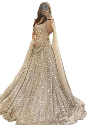 Indya Women's Multi Silk Embroidered Lehenga Set with Dupatta, Sleeveless, Round Neck